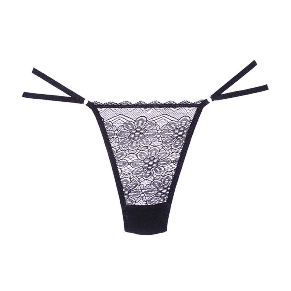 Allure kant en mesh string zwart, productfoto voorkant met transparant paneel en fijne elastische zijbanden