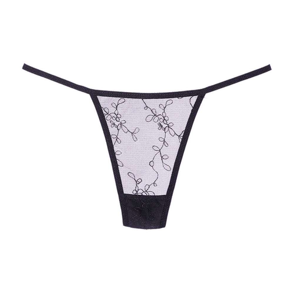 Productfoto van Allure mesh tanga one size zwart zonder model, zwart mesh voorzijde met fijne kanten details