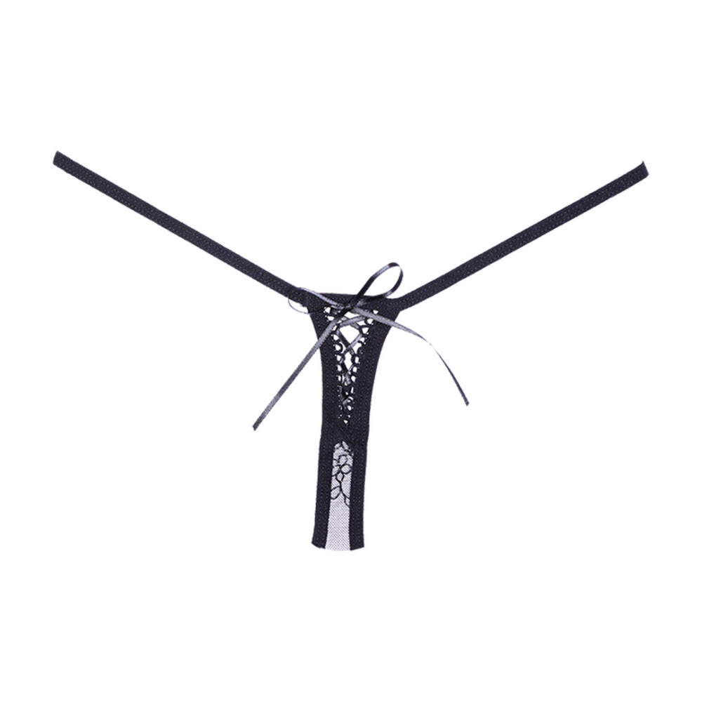 Productfoto achterzijde van Allure mesh tanga one size zwart, zwarte string met smalle tailleband en achterdetail