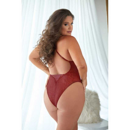 Allure Leopard Lace Up Teddy met Kantdetail Burgundy Maat 1X/2X