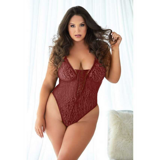 Allure Leopard Lace Up Teddy met Kantdetail Burgundy Maat 1X/2X