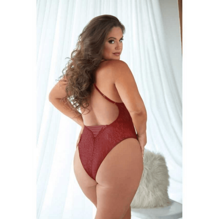 Allure Leopard Lace Up Teddy mit Spitzendetail, Burgunderrot, Größe 2X/3X