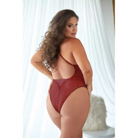 Allure Leopard Lace Up Teddy met Kantdetail Burgundy Maat 2X/3X