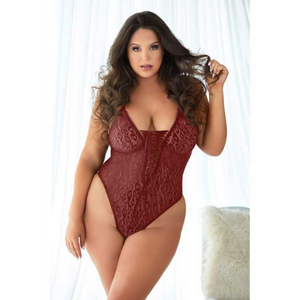 Allure Leopard Lace Up Teddy met Kantdetail Burgundy Maat 2X/3X
