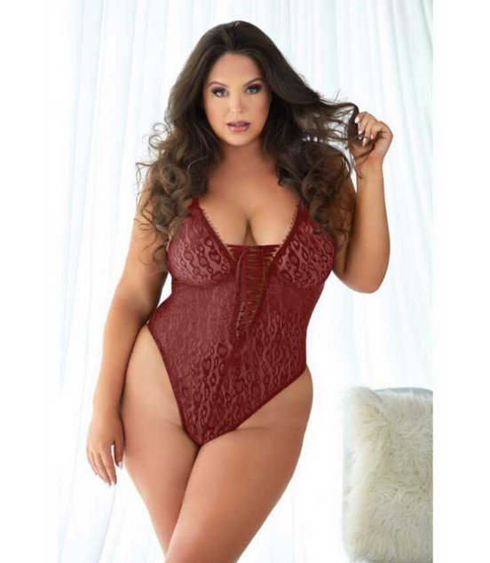 Allure Leopard Lace Up Teddy with Lace Detail Burgundy Size 2X/3X