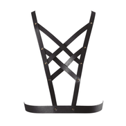 Zwart vegan leren cross cleavage harnas met verstelbare banden en ringdetails van Bijoux Indiscrets plat gefotografeerd