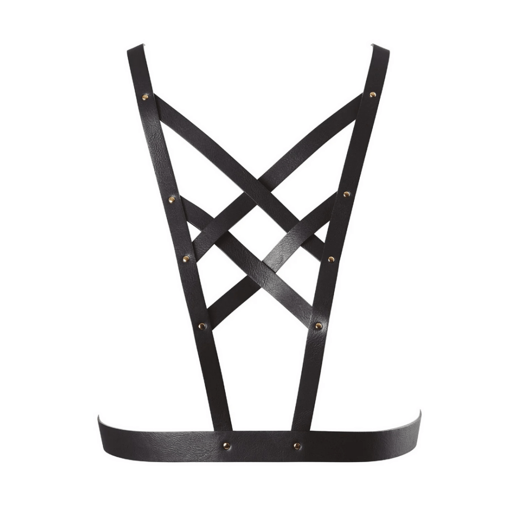 Zwart vegan leren cross cleavage harnas met verstelbare banden en ringdetails van Bijoux Indiscrets plat gefotografeerd