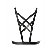 Zwart vegan leren harnas met cross cleavage ontwerp en verstelbare vegan lederen banden netjes uitgestald voor productview