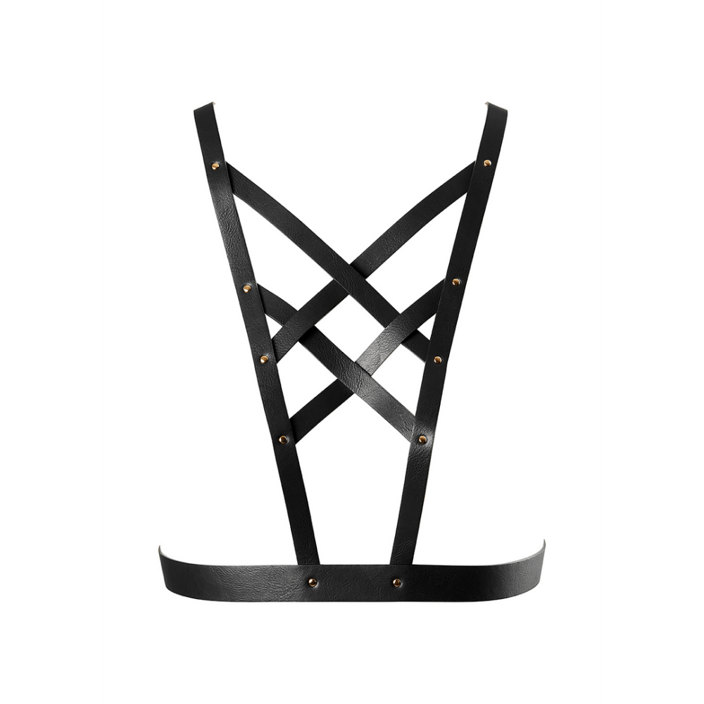 Zwart vegan leren harnas met cross cleavage ontwerp en verstelbare vegan lederen banden netjes uitgestald voor productview