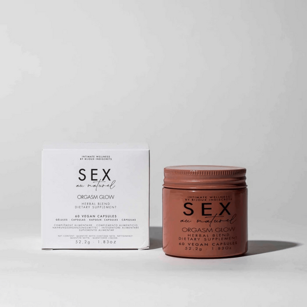 Bijoux Indiscrets Orgasm Glow libido supplement pot en verpakking voor vrouwelijke opwinding en intimiteit