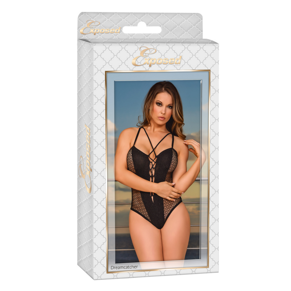Magic Silk Teddy with Click Cross S/M kant kralen en lace-up detail