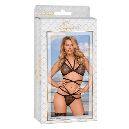 Strappy Bra  Thong Set - Black L/XL