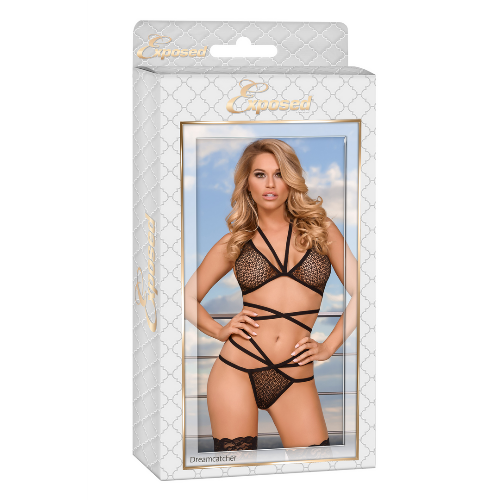 Strappy Bra  Thong Set - Black L/XL