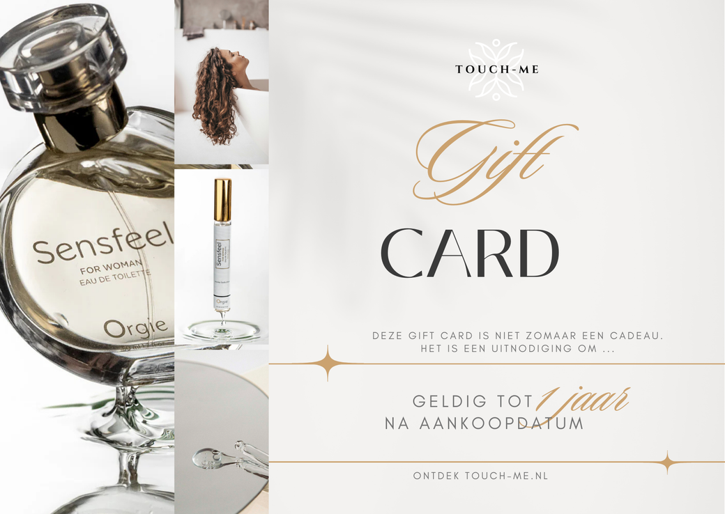 touch-me.nl cadeau card. verschillende producten en gouden  letters