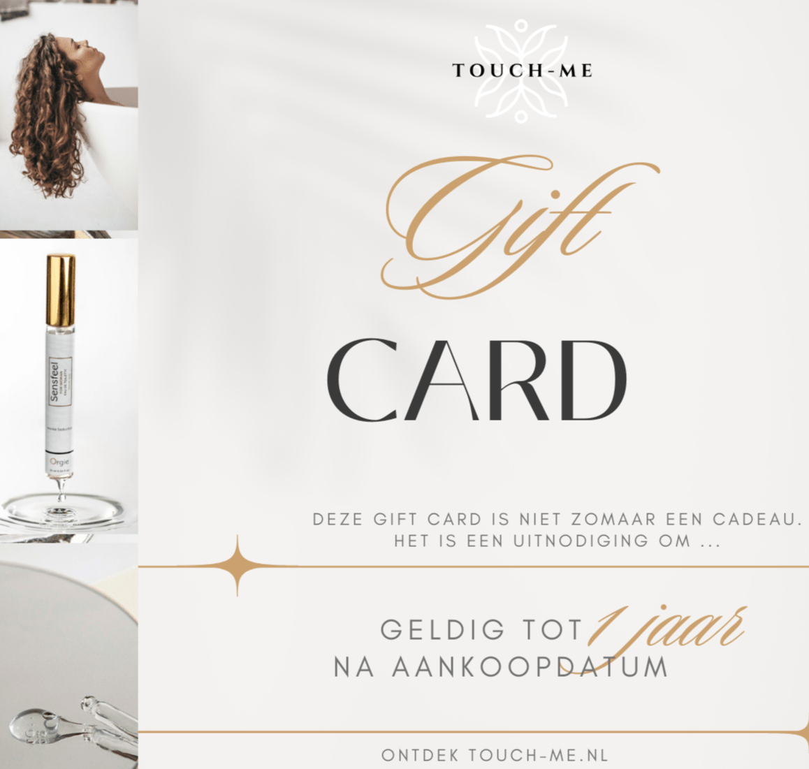touch-me.nl cadeau card. verschillende producten en gouden  letters