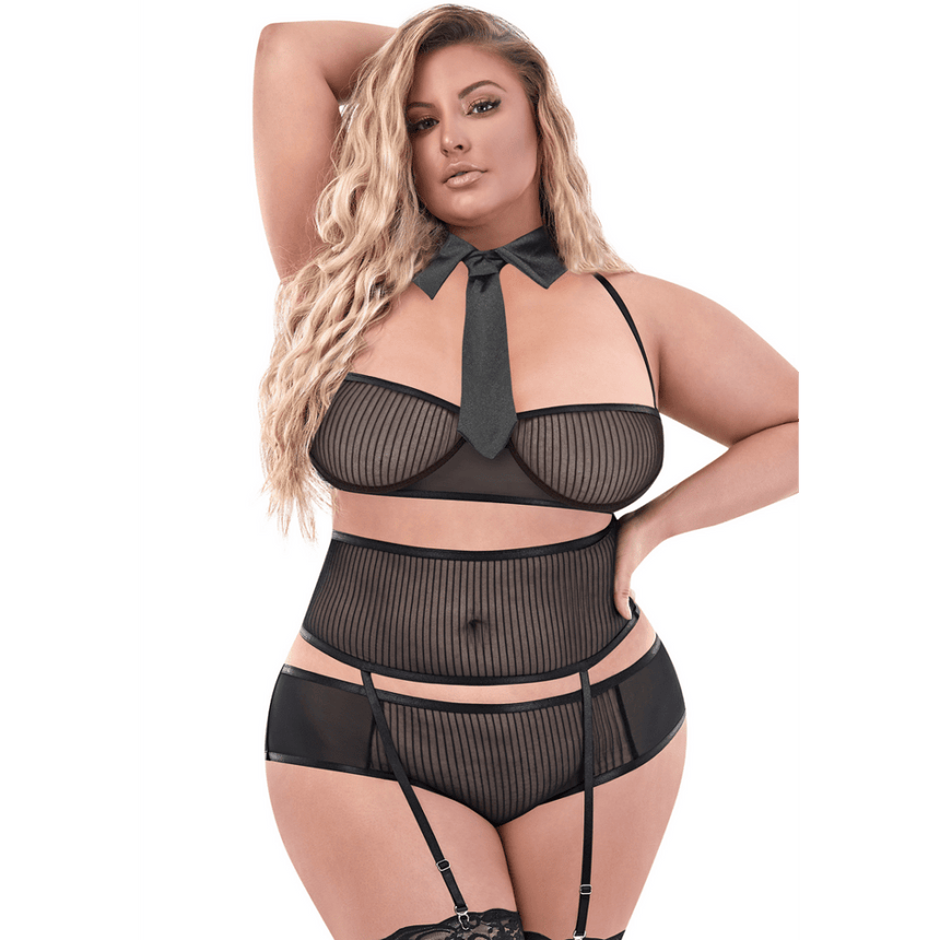 Zwarte Magic Silk kostuumset Kantoor Romper maat 2X, vooraanzicht met half cup bh en tailleband