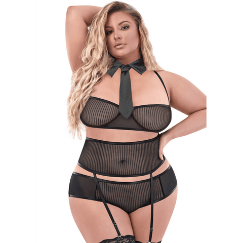 Zwarte Magic Silk kostuumset Kantoor Romper maat 2X, vooraanzicht met half cup bh en tailleband