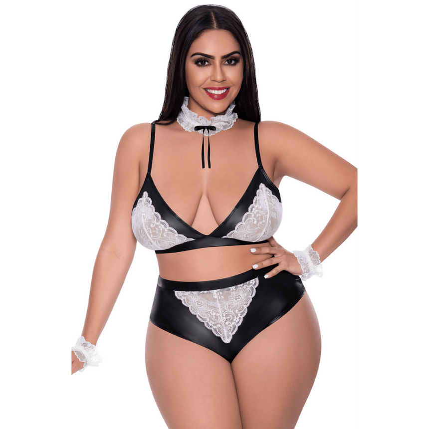 Magic Silk Dirty Deeds kostuumset maat 2X in zwart-wit, vooraanzicht met bralette en bandjes