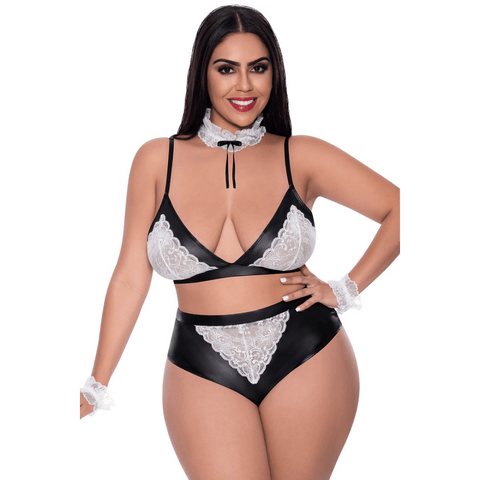 Magic Silk Dirty Deeds kostuumset maat 2X in zwart-wit, vooraanzicht met bralette en bandjes
