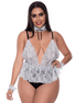 Magic Silk Volledige Service kostuumset maat 2XL in wit kant, vooraanzicht met teddy op model