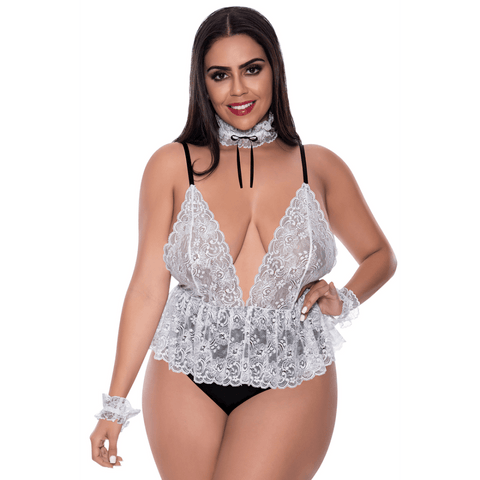 Magic Silk Volledige Service kostuumset maat 2XL in wit kant, vooraanzicht met teddy op model