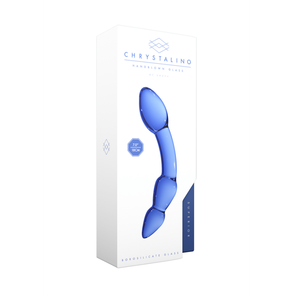 Chrystalino glazen dildo, close up van bolvormige tip en hals, hypoallergeen glas