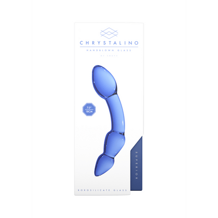 Chrystalino glazen dildo, blauw, staand vooraanzicht, ergonomische kromming