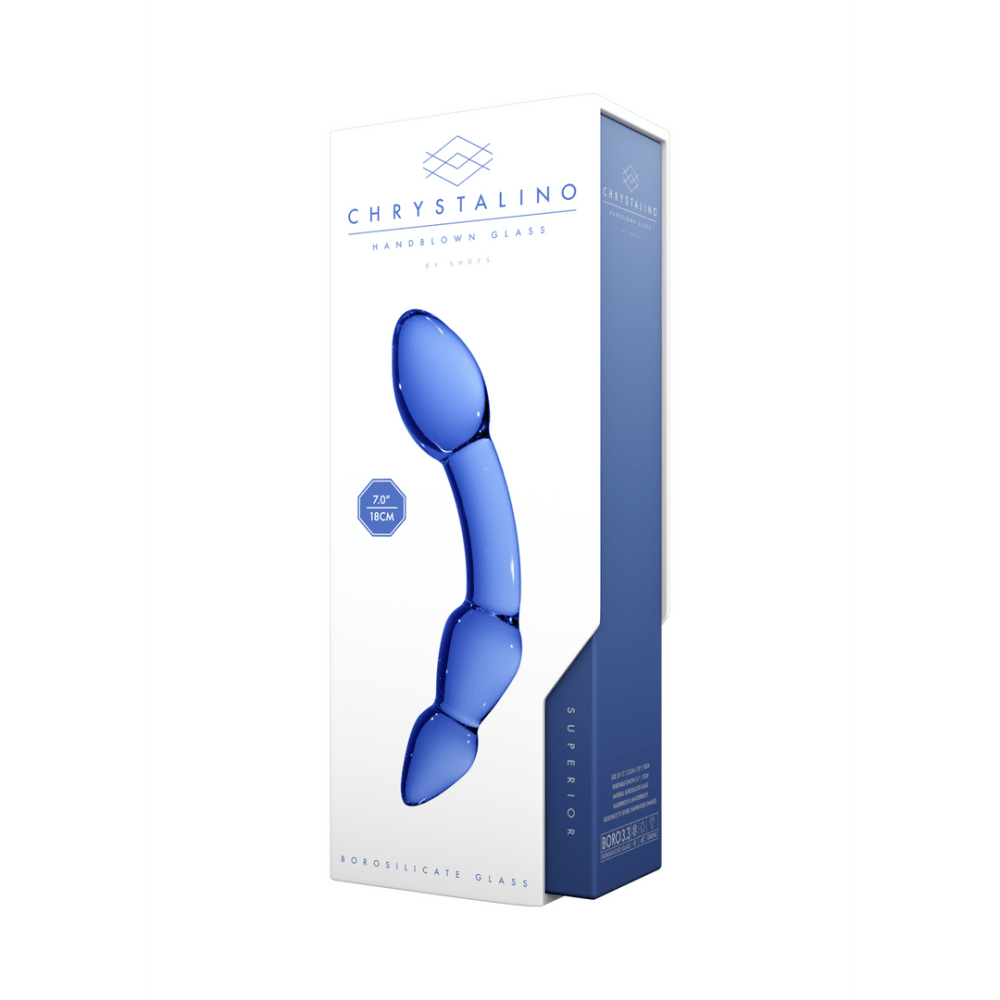 Chrystalino Superior, blauw glazen dildo, achteraanzicht, glad oppervlak en luxe afwerking