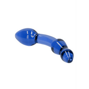 Chrystalino Superior glazen dildo, blauw, gebogen met dubbele bol, productfoto op witte achtergrond