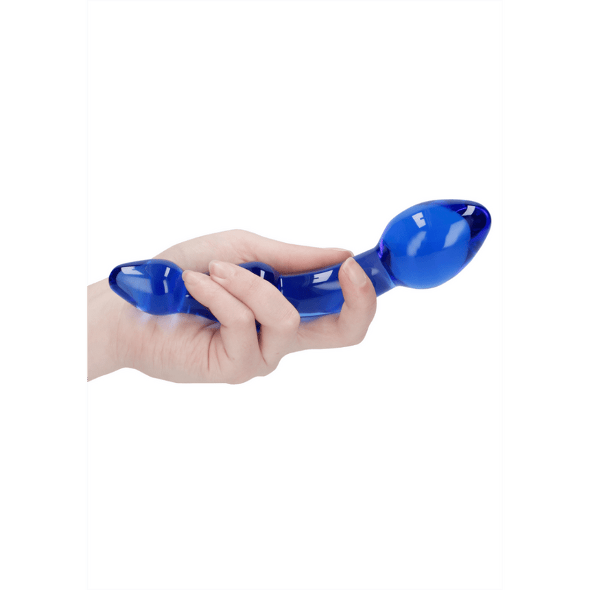 Chrystalino Superior, blauw glas, zijaanzicht liggend, duidelijke curve voor G- en P-spot