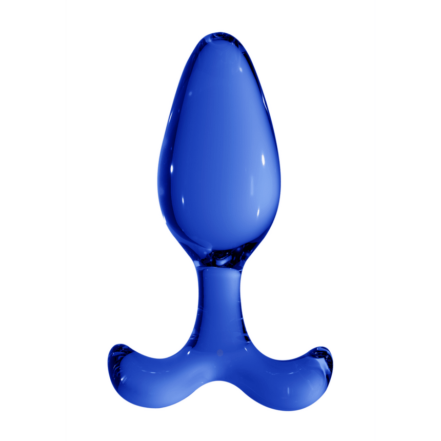 Chrystalino Glazen Butt Plug Expert in blauw glas, rechtop gefotografeerd met ronde top en brede voet.