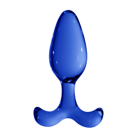 Chrystalino Glazen Butt Plug Expert in blauw glas, rechtop gefotografeerd met ronde top en brede voet.