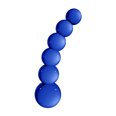 Chrystalino Glazen Dildo Planeten in blauw glas, rechtop gefotografeerd met bolvormige planetenstructuur.
