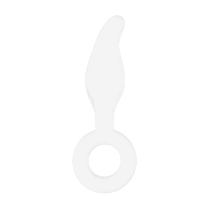 Chrystalino Gripper glazen dildo met ring, vrijstaand met slanke gebogen vorm en ronde gripbasis.