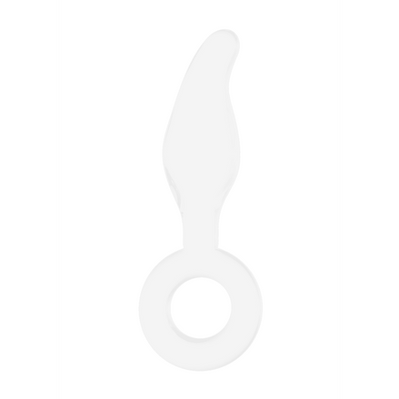 Chrystalino Gripper glazen dildo met ring, vrijstaand met slanke gebogen vorm en ronde gripbasis.
