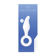 Verpakking van Chrystalino Gripper glazen dildo met ring, frontaal met witte productvorm op blauwe doos.
