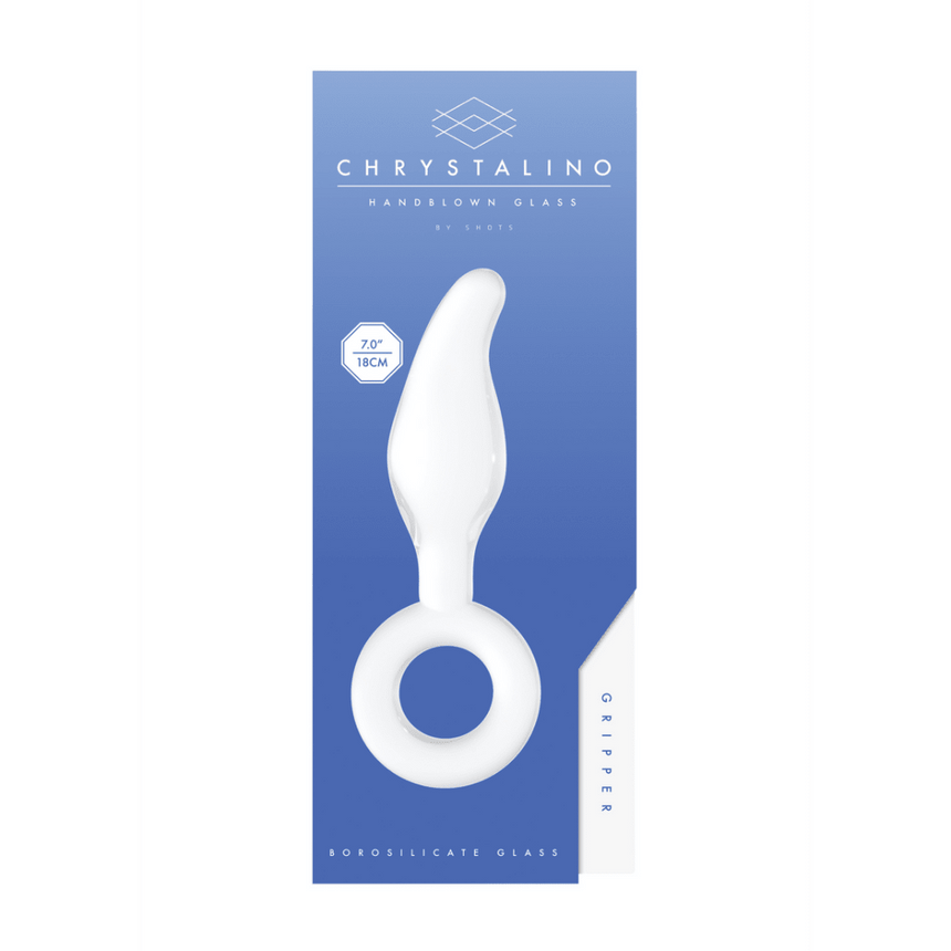 Verpakking van Chrystalino Gripper glazen dildo met ring, frontaal met witte productvorm op blauwe doos.