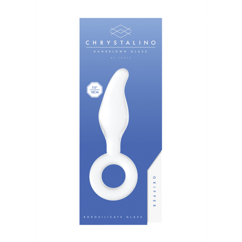 Verpakking van Chrystalino Gripper glazen dildo met ring, frontaal met witte productvorm op blauwe doos.