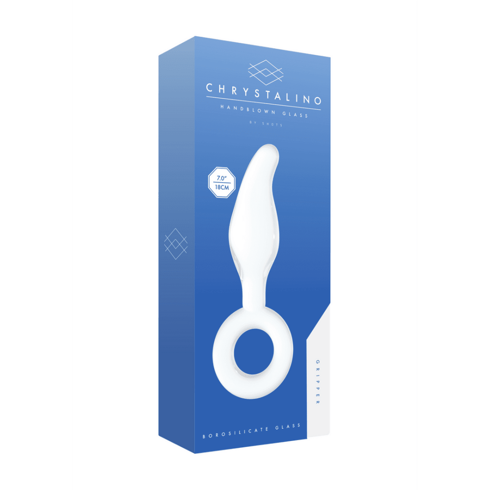 Chrystalino Gripper verpakking schuin op witte achtergrond, blauwe doos met productillustratie en ringdetail.