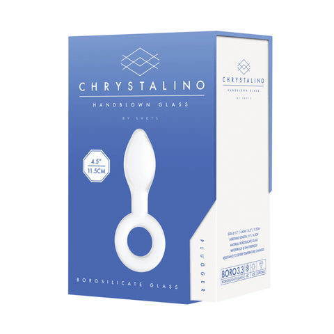 Chrystalino Plugger glazen buttplug wit in blauwe productverpakking, schuin getoond op witte achtergrond.