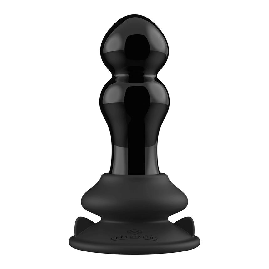Chrystalino by Shots Rimly glazen buttplug zwart, rechtop met ronde segmenten en brede zuignap.