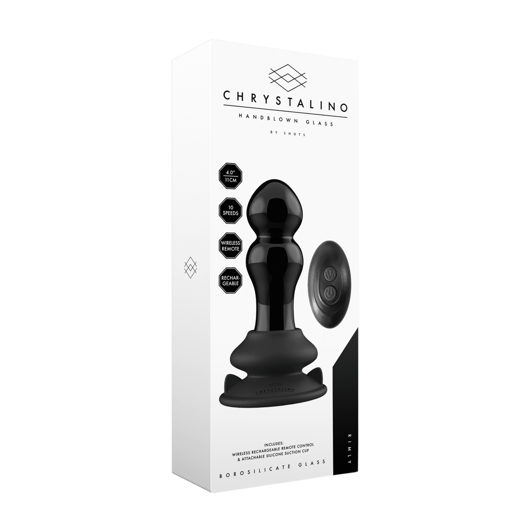 Chrystalino by Shots Rimly buttplug in witte productverpakking, zwarte glasvorm zichtbaar op de doos.