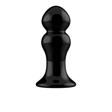 Zwarte Chrystalino Rimly glazen buttplug met zuignap, vrijstaand op witte achtergrond met afgeronde top.