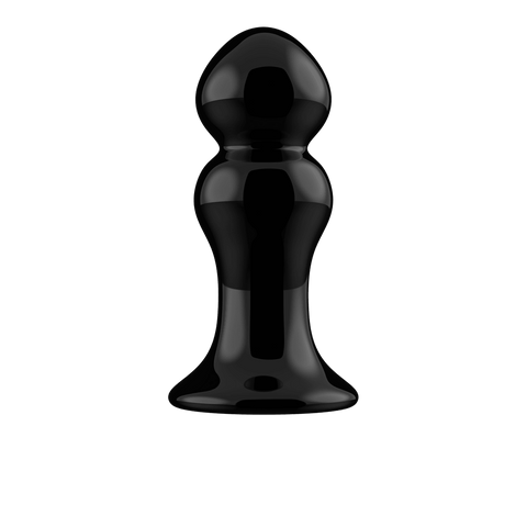 Zwarte Chrystalino Rimly glazen buttplug met zuignap, vrijstaand op witte achtergrond met afgeronde top.