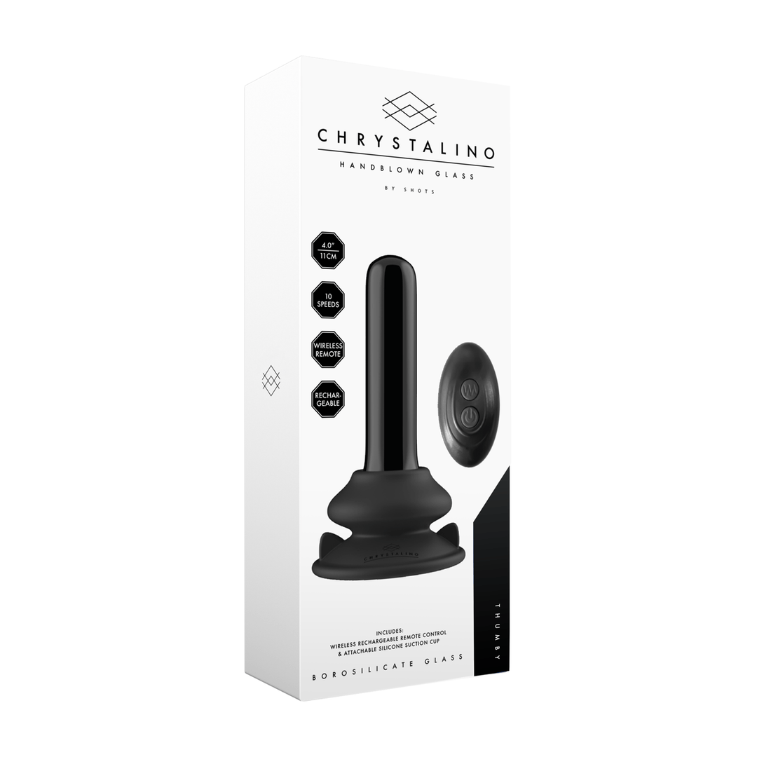 Chrystalino Thumby productverpakking achterkant, specificaties en gebruiksinformatie, glazen vibrator met zuignap