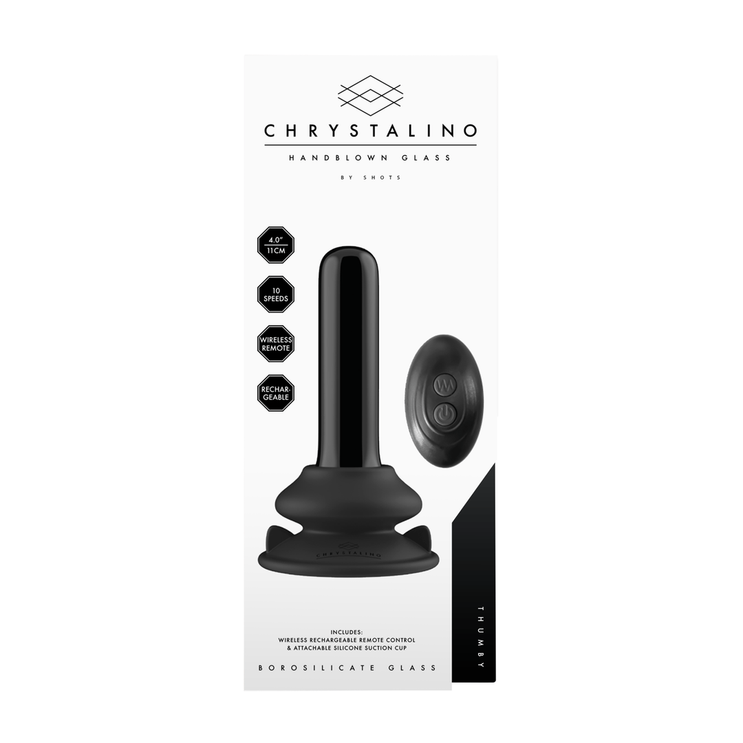 Verpakking Chrystalino Thumby glazen vibrator met zuignap, productdoos met afbeelding, premium en discreet
