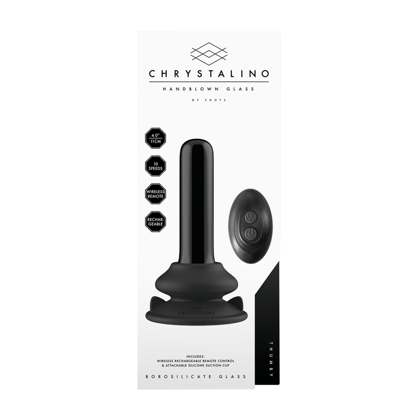 Verpakking Chrystalino Thumby glazen vibrator met zuignap, productdoos met afbeelding, premium en discreet