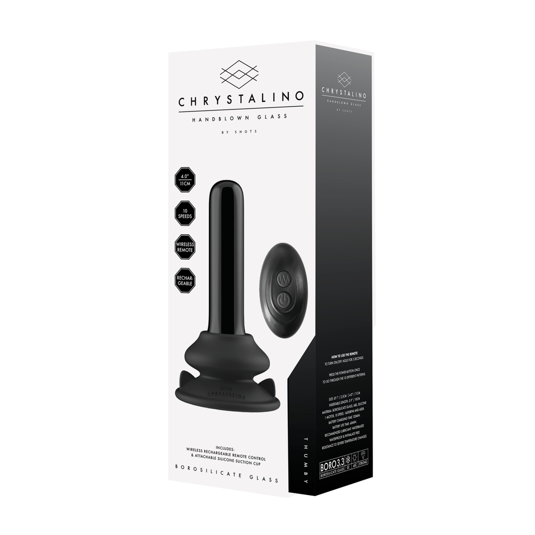 Chrystalino Thumby verpakking schuin, glazen vibrator met zuignap, luxe uitstraling