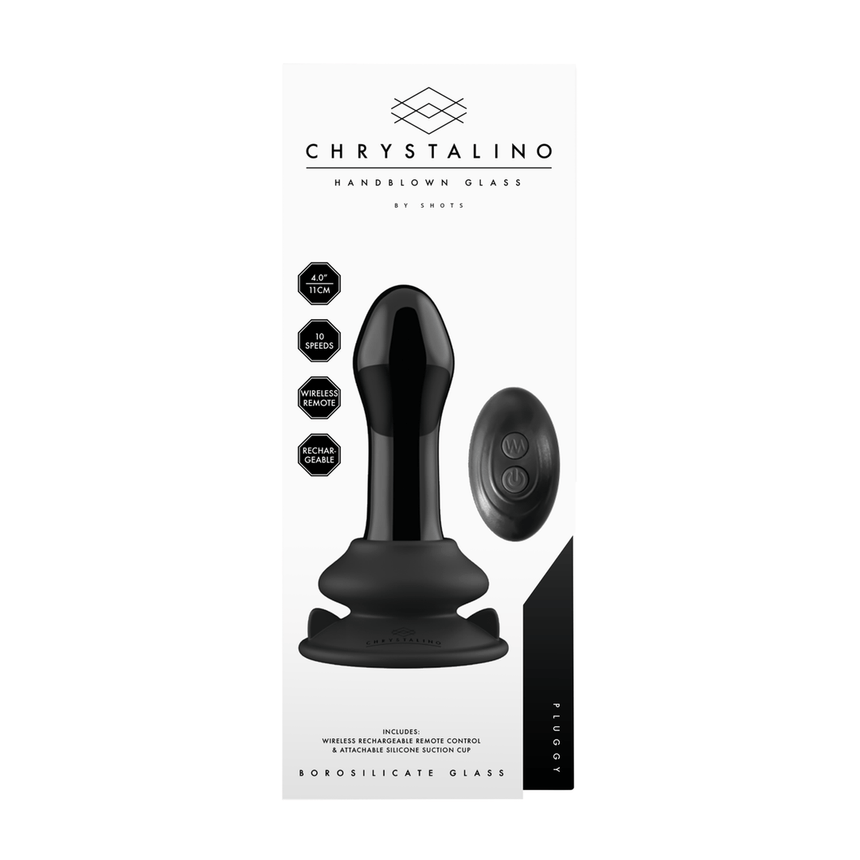 Verpakking Chrystalino Pluggy glazen buttplug vibrator met zuignap, productdoos, discreet en stijlvol