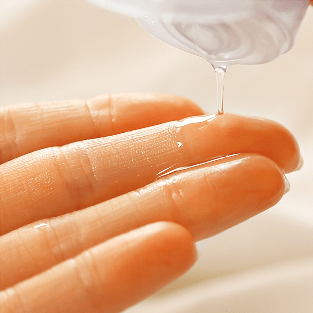 Close-up van Durex Perfect Gliss glijmiddel op vingers, transparante gel met langdurig glad effect